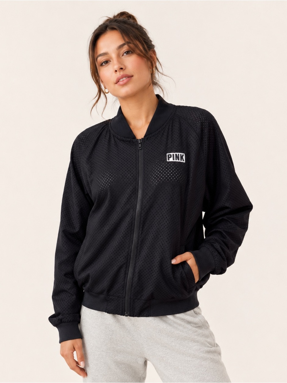 Victoria Secret PINK Perforated Bomber Jacket Black Large